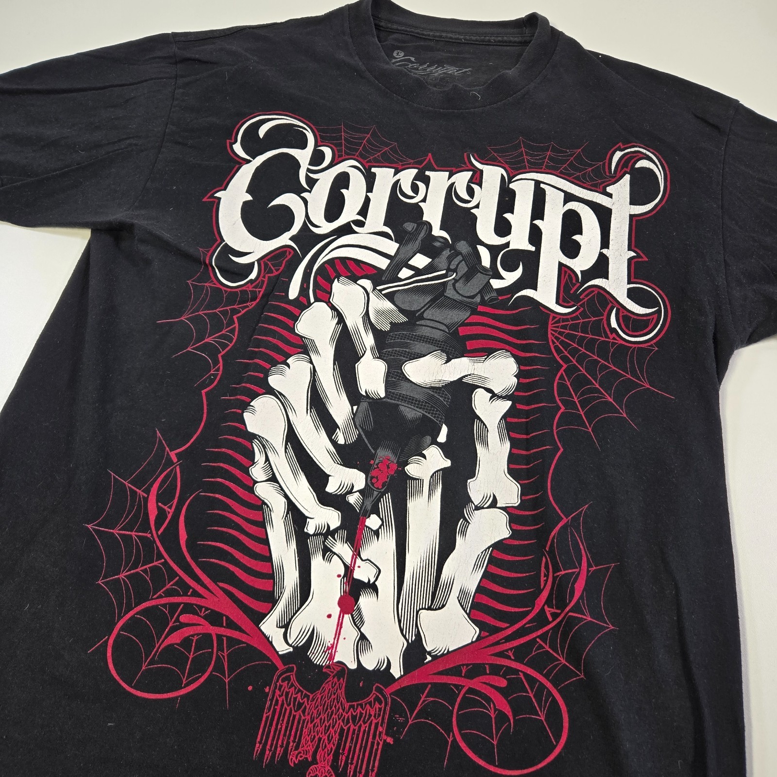 Corrupt Shirt Mens Large Black Y2K Grunge Skeleton Hand Grenade Spider Web