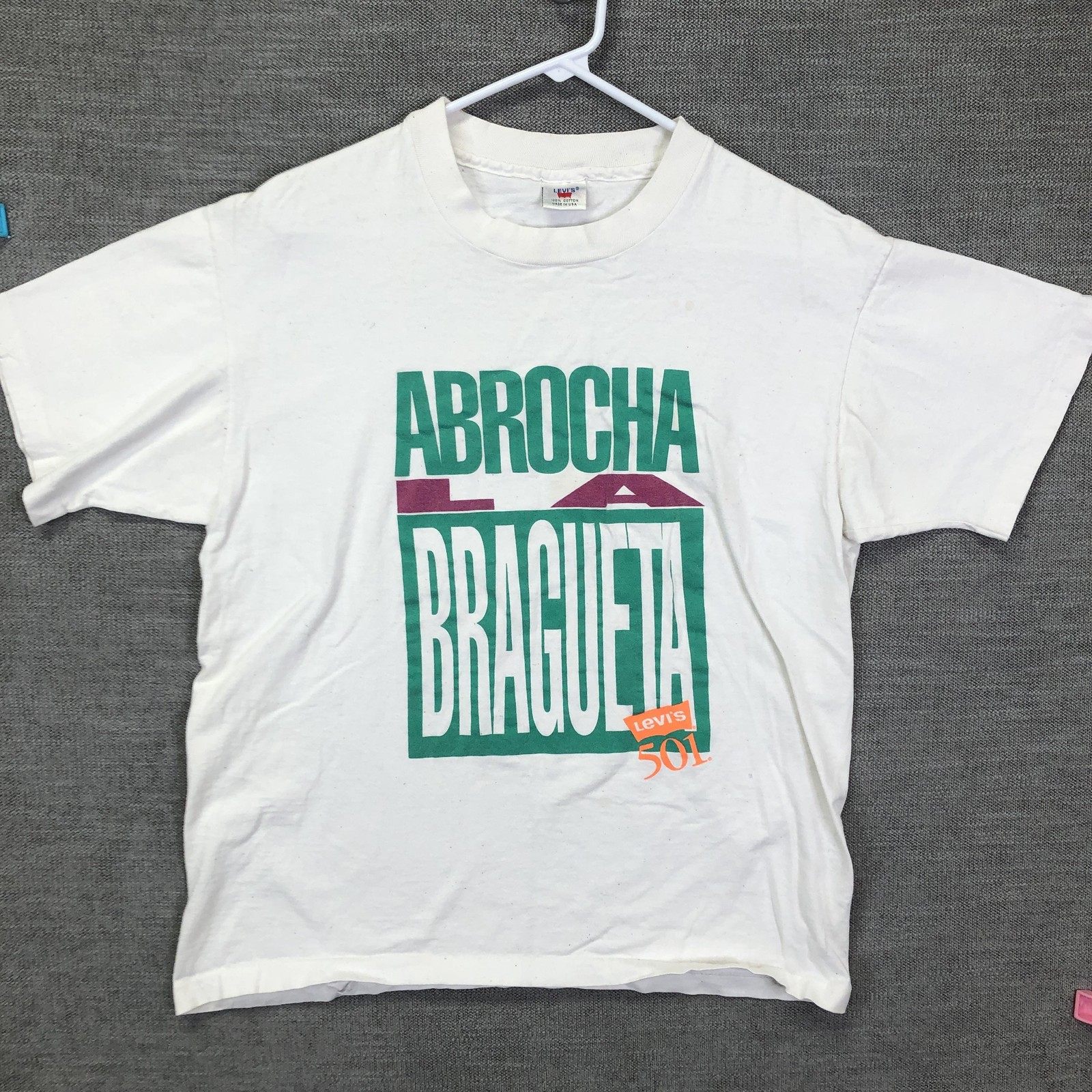 Vintage Levi’s Shirt Mens Small White Abrocha La Bragueta 501 Button Fly 90s Ad