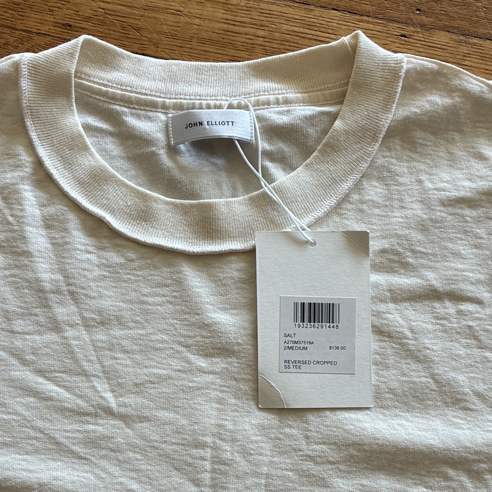 John Elliott Reversed Cropped SS Tee Beige Solid Logo Crew Neck Cotton Size S