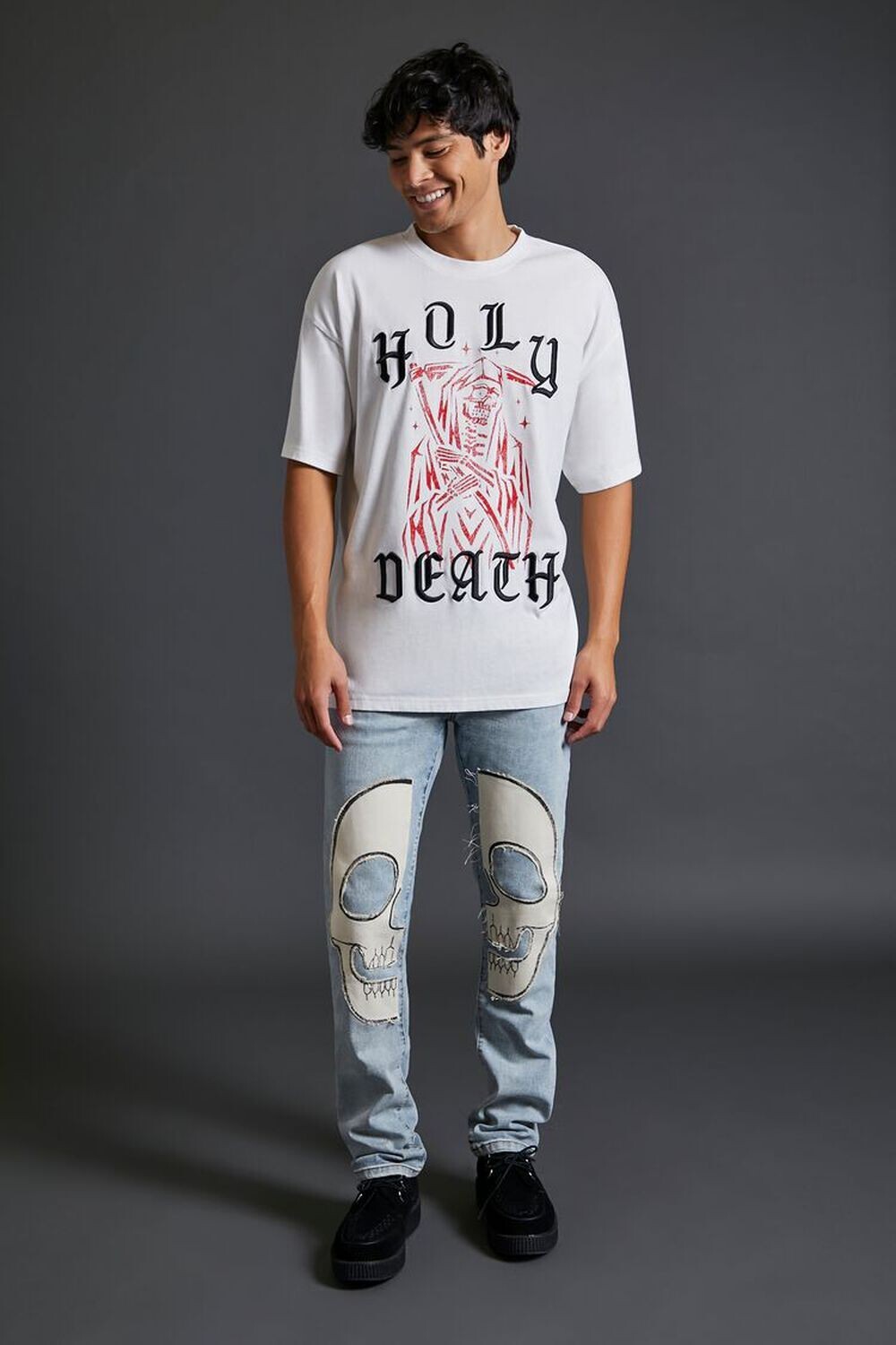 Forever 21 2XL Men’s T Shirt White Red Black Reaper Graphic Embroidered NWT