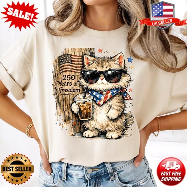 250 Years Freedom Cat T-Shirt, Patriotic USA Cat Day T-Shirt S-5XL