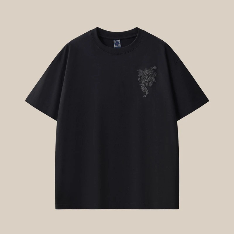 Men’s Dragon Sword Embroidered Cotton Short Sleeve T-Shirt Loose Casual Tee