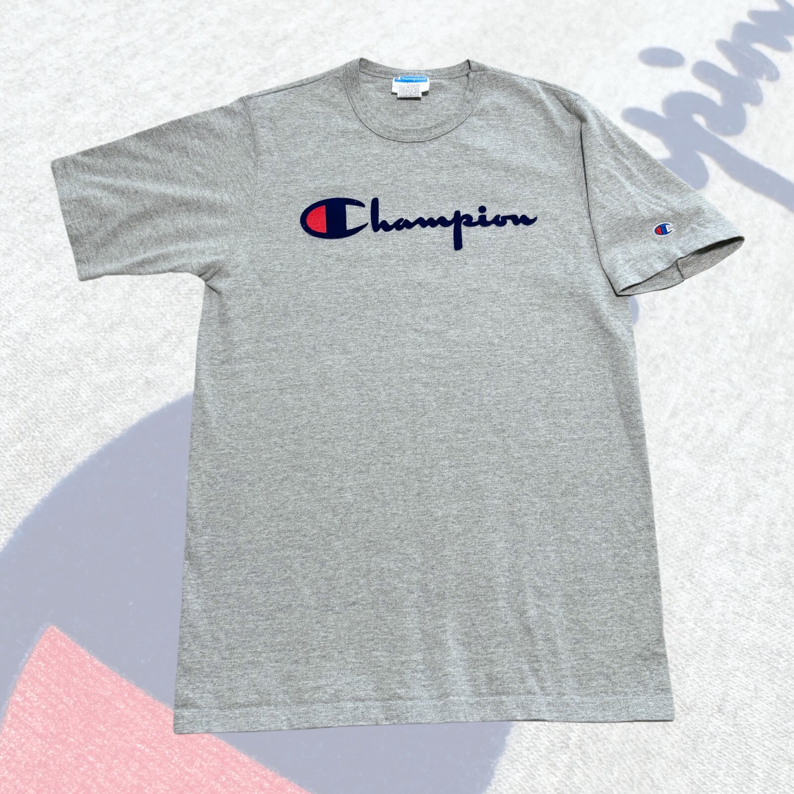 Vintage Champion Logo Classic Grey Shirt Flocked Felt Shirt Size Large