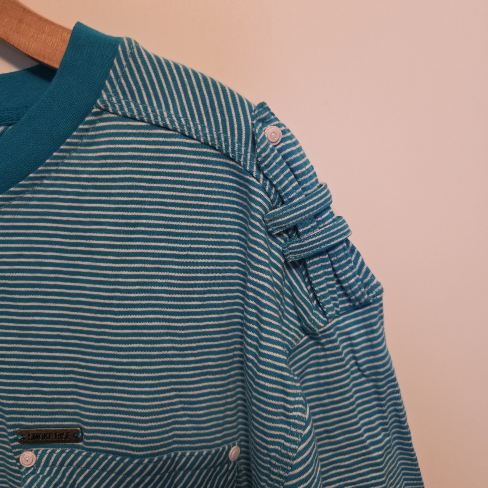 Vtg Smoke Rise T-Shirt Vintage Look Turquoise Striped Pocket Epaulettes XL NEW