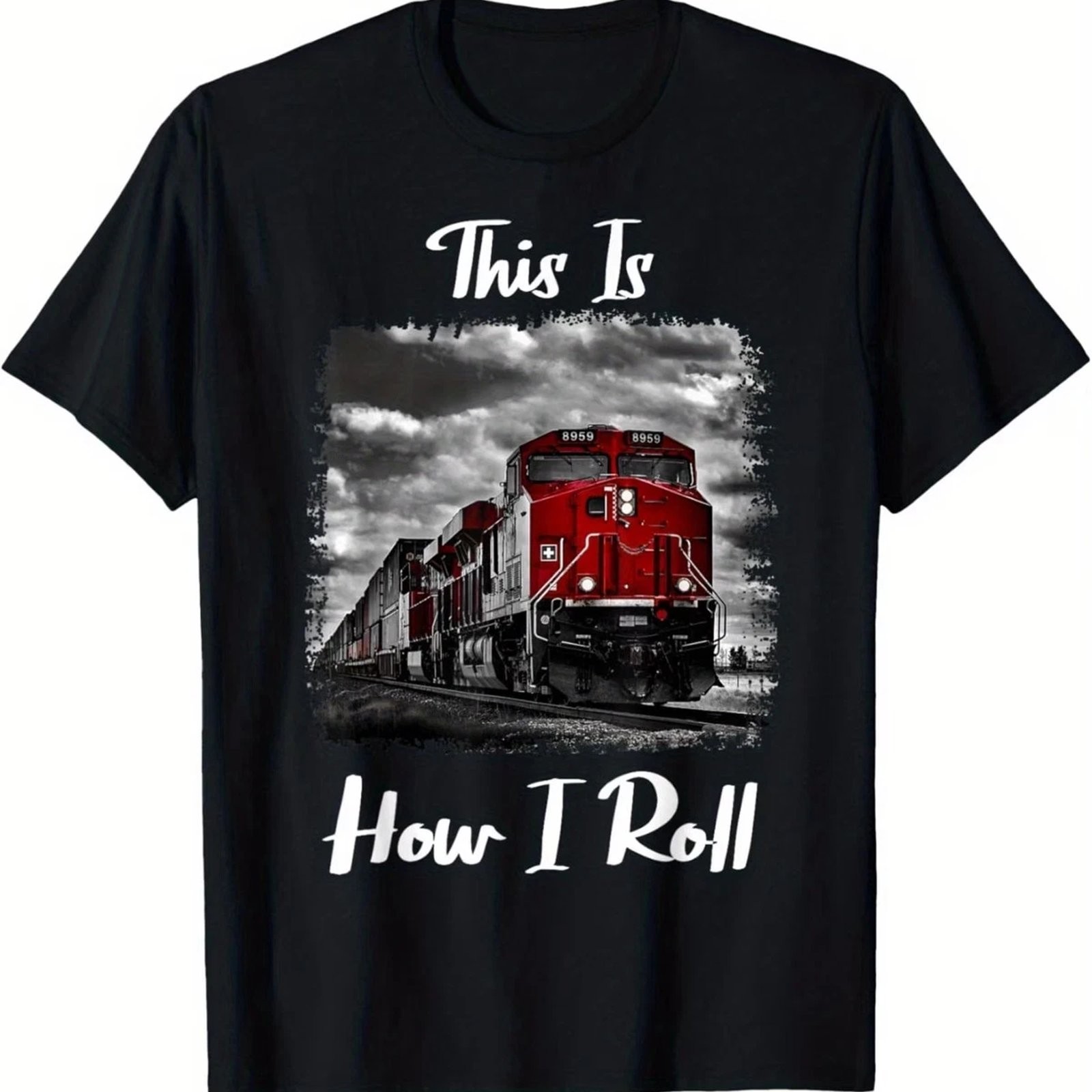 Funny Train Engineer Railroad Freight Graphic Tee Mens Cotton T-Shirt