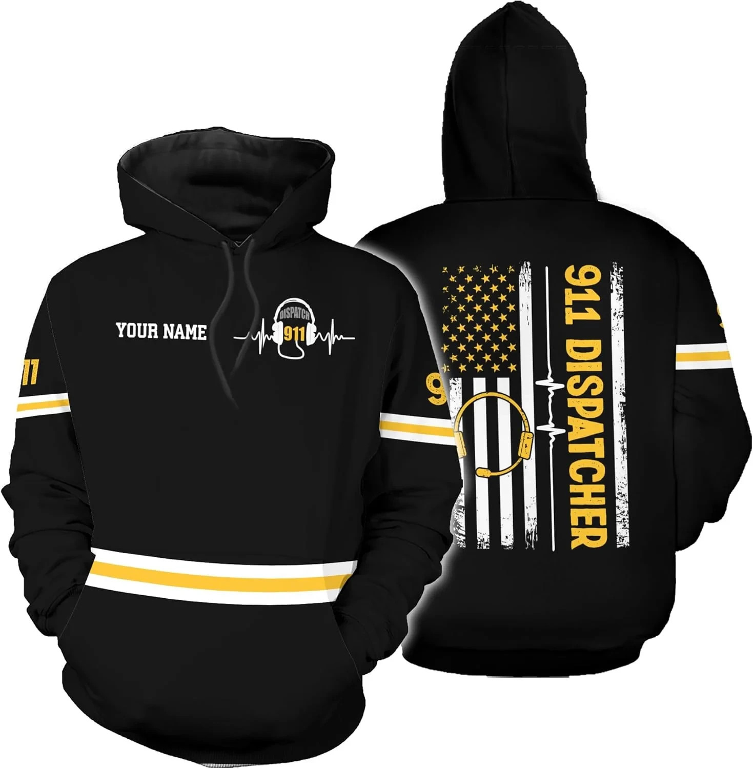 Personalized Name 911 Dispatcher, Thin Gold Line Flag 3D Zip Shirt Size S-5XL