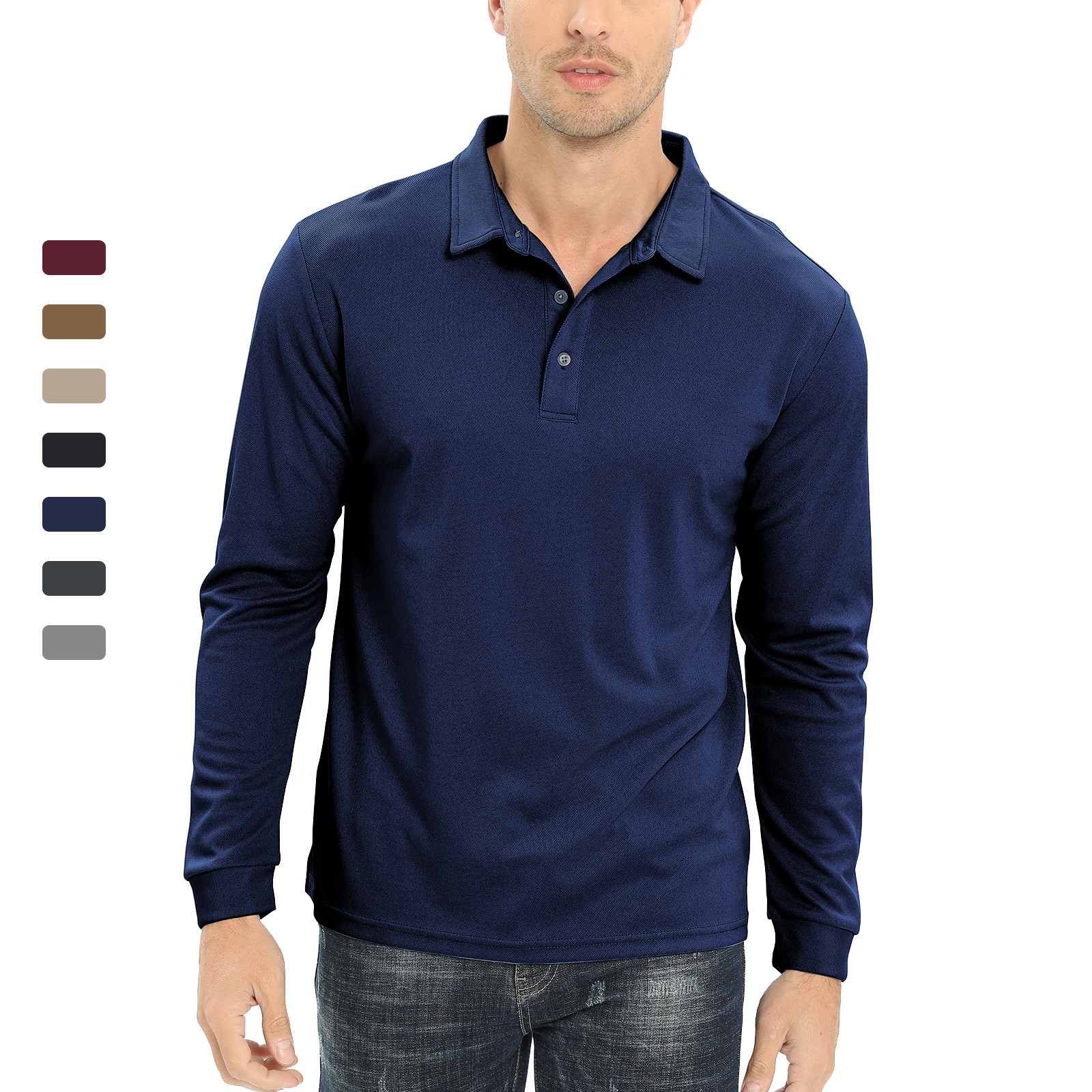 Men’s Polo Shirt Long Sleeve Outdoor Golf T Shirt 3-Button Quick Dry Lightweight