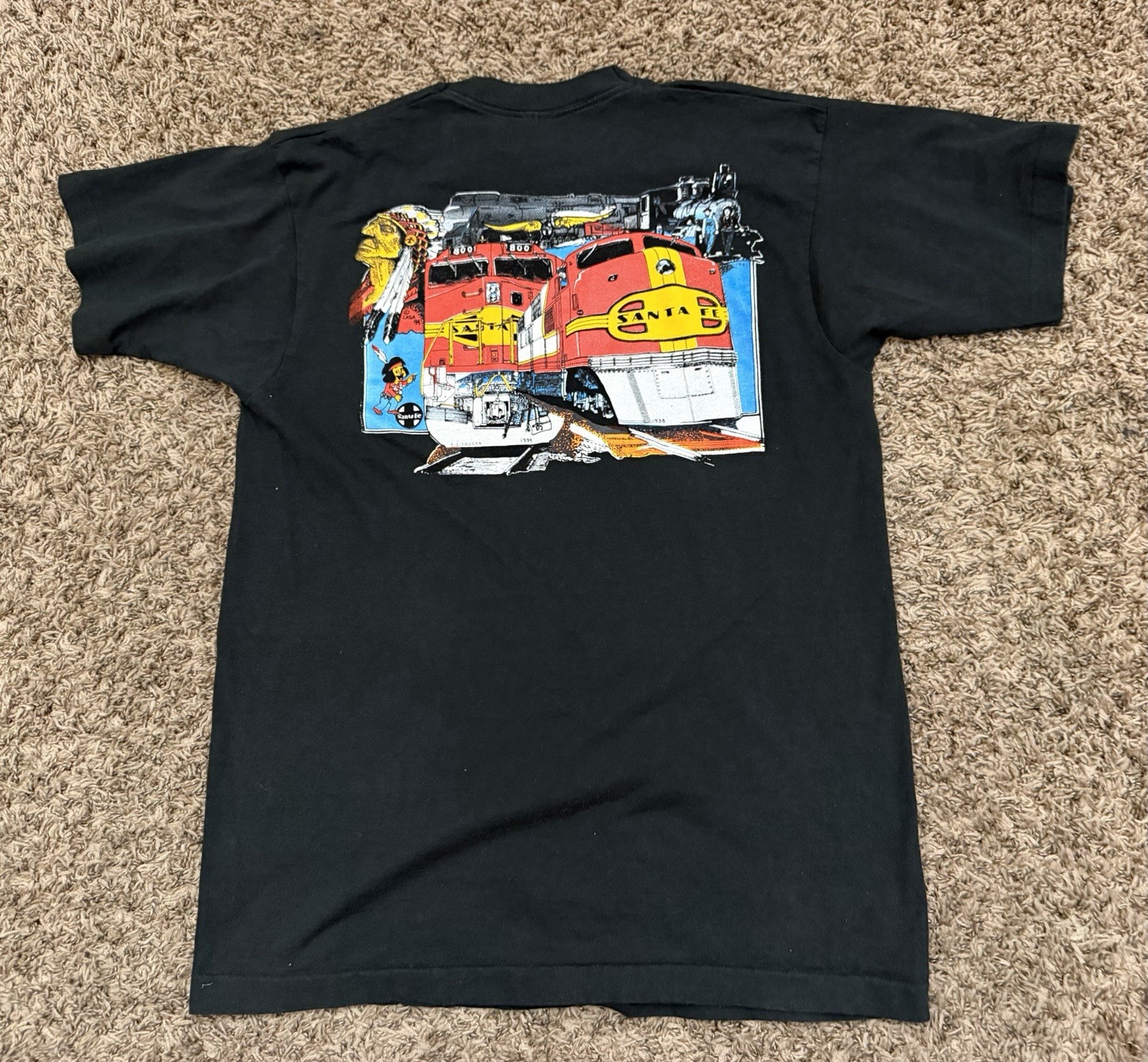 Vintage 90’s Santa Fe Railroad History Rails Black Pocked T-Shirt Mens Sz Large