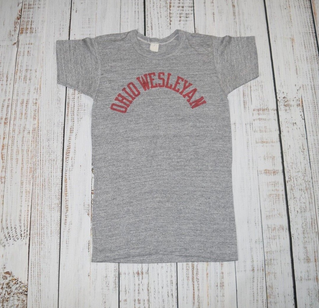 VTG 70S OHIO WESLEYAN HEATHER GREY RUSSELL GOLD TAG MENS SMALL SINGLE STITCH S