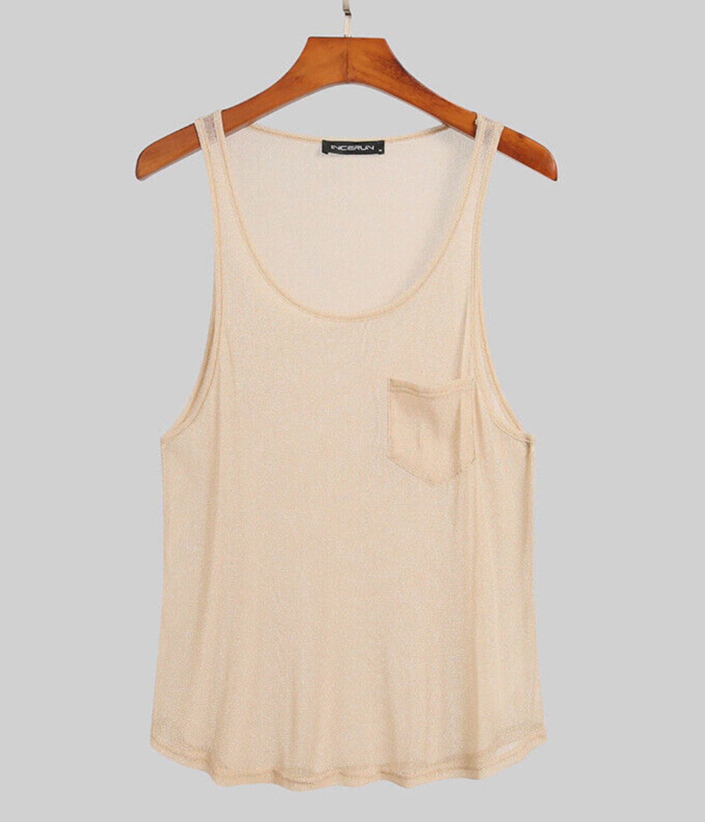 INCERUN Men’s Gold Size XL Scoop Neck Sheer Mesh Metallic Pocket Tank Top