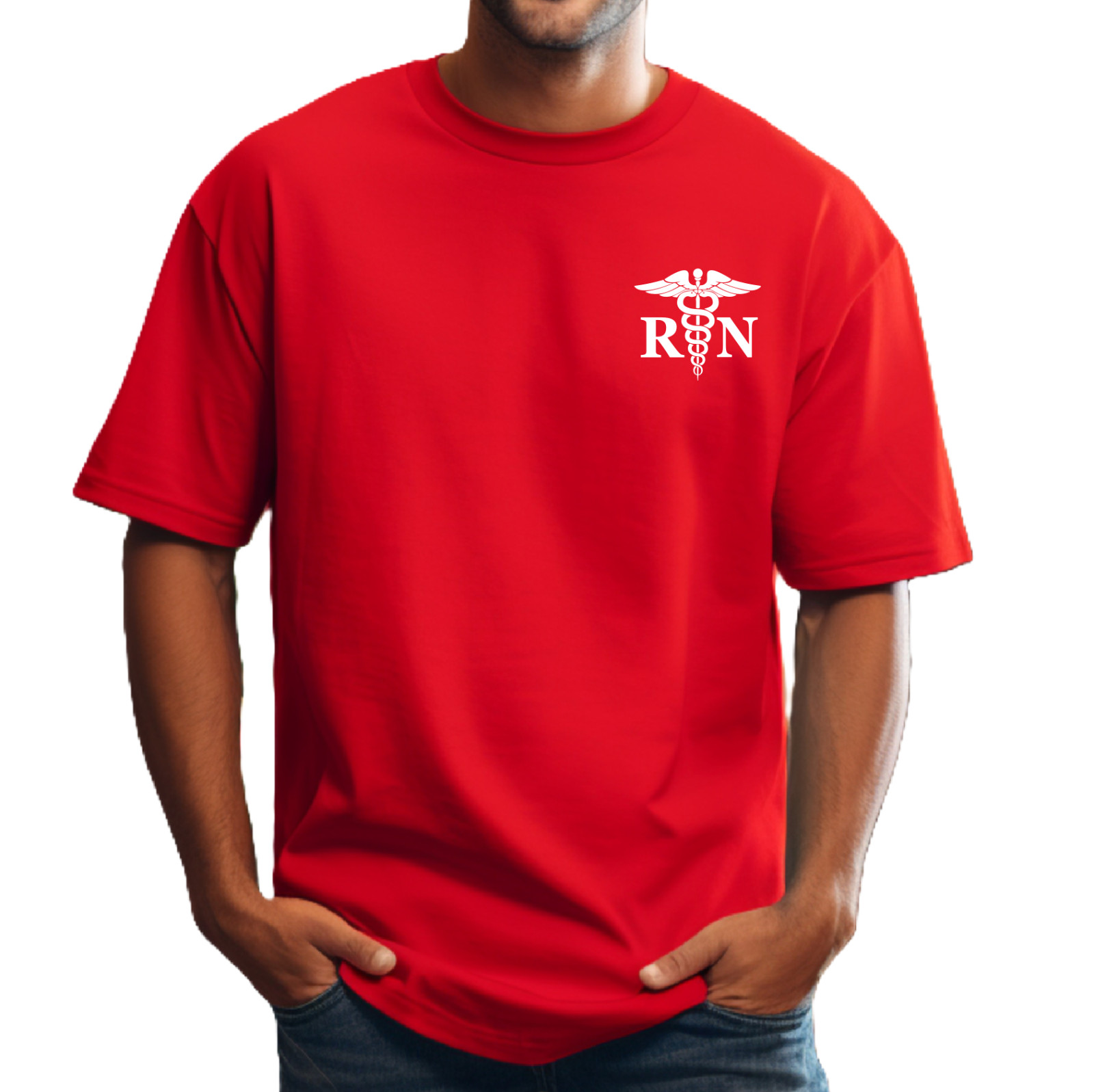 Men’s & Women’s Registered Nurse T-shirt, Left Front, RN Medical Caduceus Staff