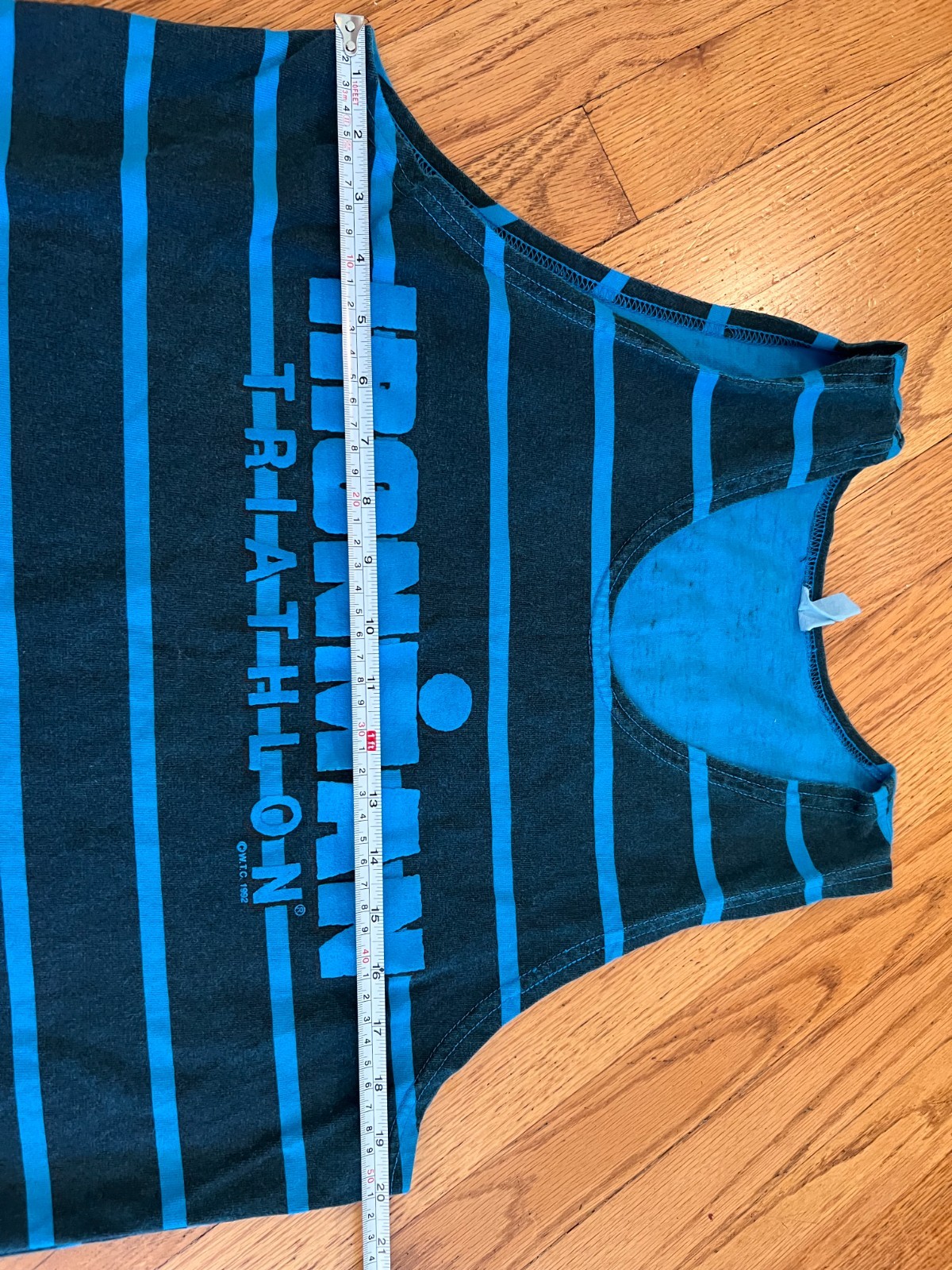 VTG 90s Ironman Triathlon Blue Striped Muscle Tank Top Shirt Medium Bodybuilding