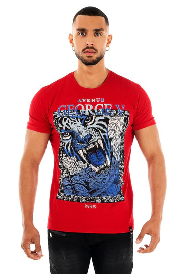 Avenue George V Paris T-Shirt Lion Men’s Red Tee Rhinestone Fitted XL 2XL 3XL