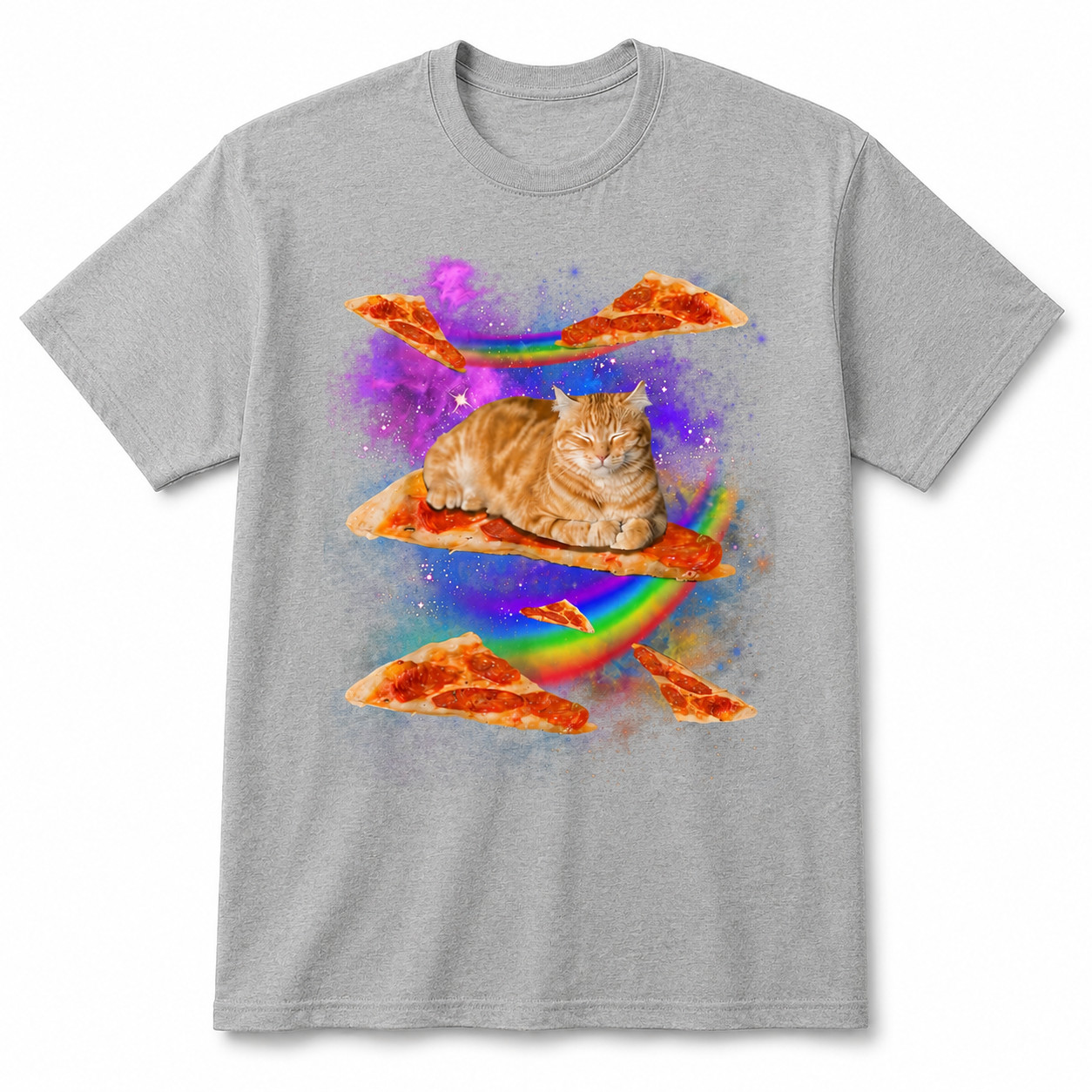 Funny Galaxy Cat Riding Pizza T-Shirt Space Rainbow Graphic Tee Men’s S-5XL