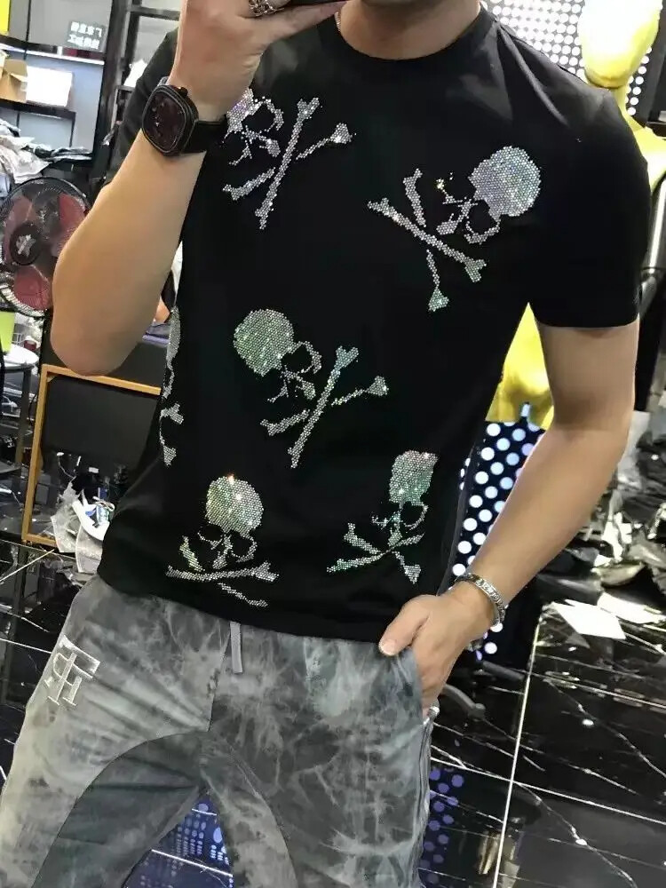 New Men Luxury Rhinestones Gothic Fashion Skull Black White T-Shirt High Quality