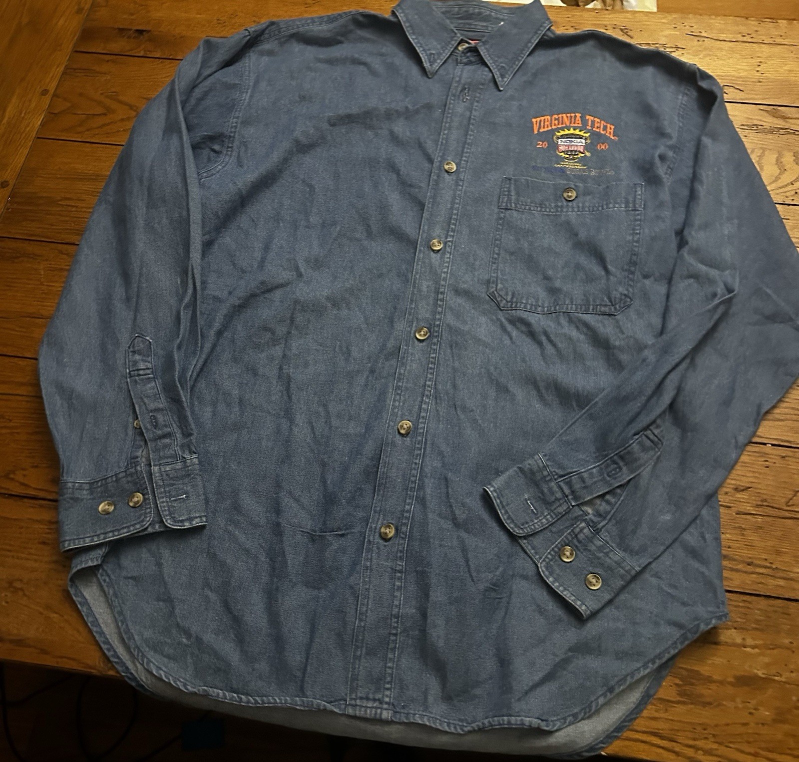 VT Tech Sugar Bowl 00’ denim shirt Virginia Tech logo and text medium TSi