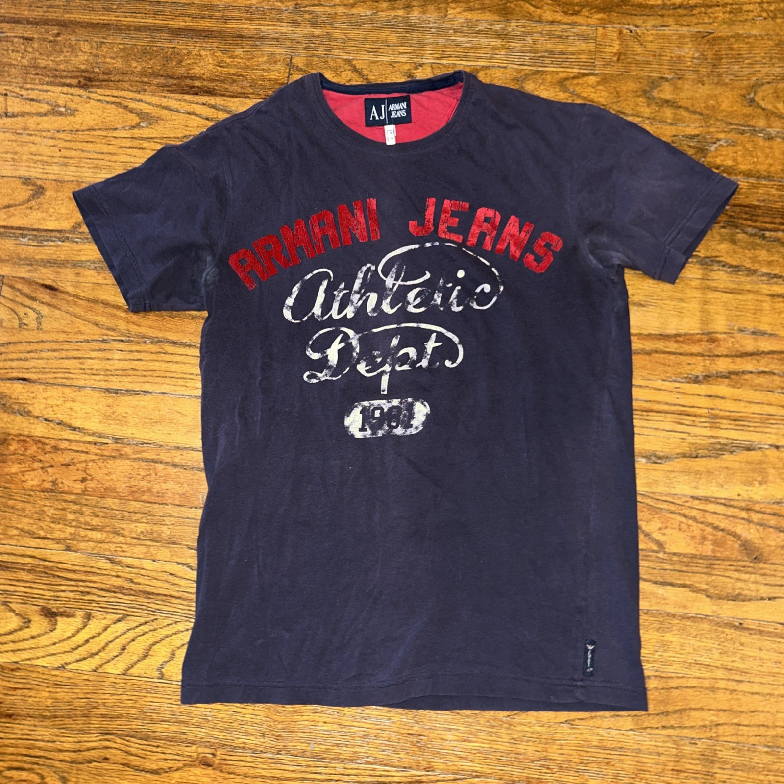 Armani Jeans Slim Fit T Shirt Size Small Spell Out Athletic Depot 1981Faded