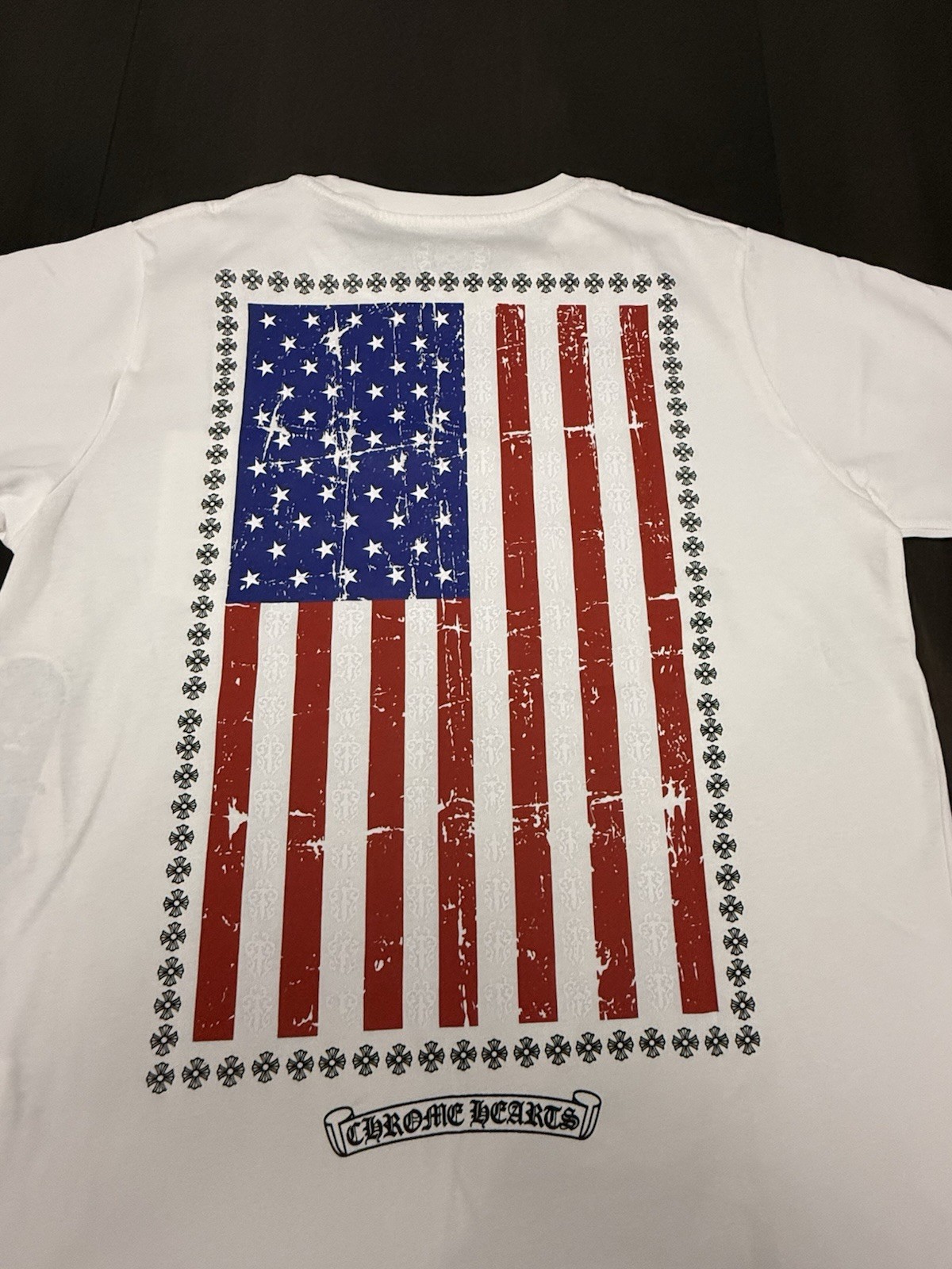 Chrome Hearts White Tee with Distressed Red & Blue Flag