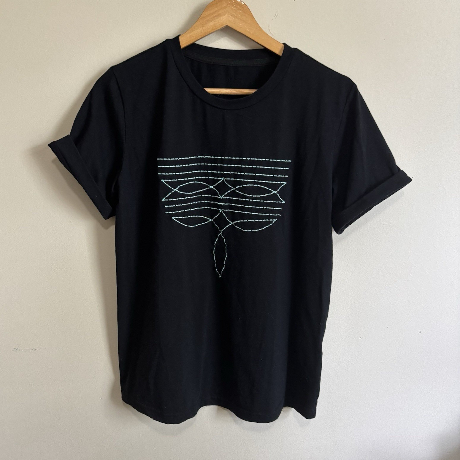 Black Graphic Print Crew Neck Short Sleeve Embroidered T-Shirt Unisex Size S