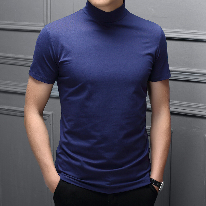 Men Half High Collar Mercerized Cotton Short Sleeve Slim Fit T-Shirt Solid Color