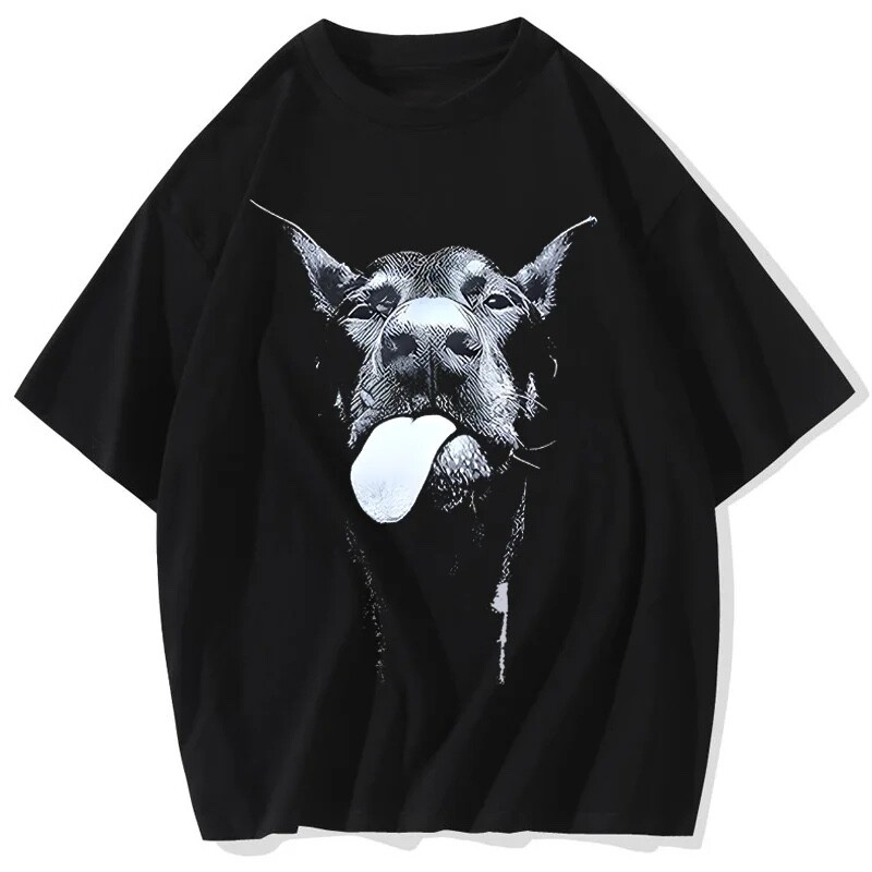 Relaxed Fit Cotton T-Shirt With Doberman Dog Pirnted Streetwear Unisex Tee