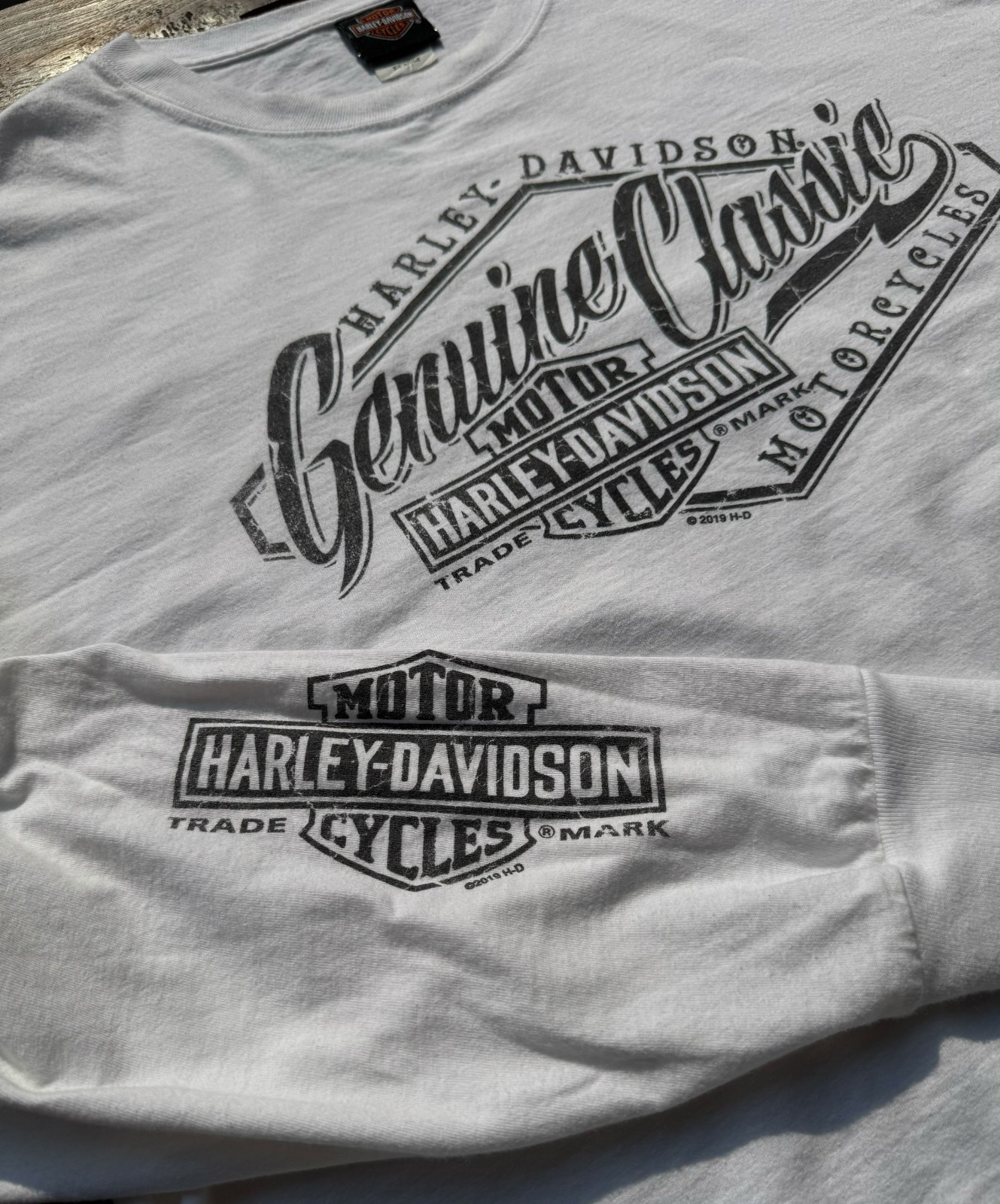 Harley Davidson Oakland CA Long Sleeve Shirt Mens XL White Spell Out Sleeve Bike