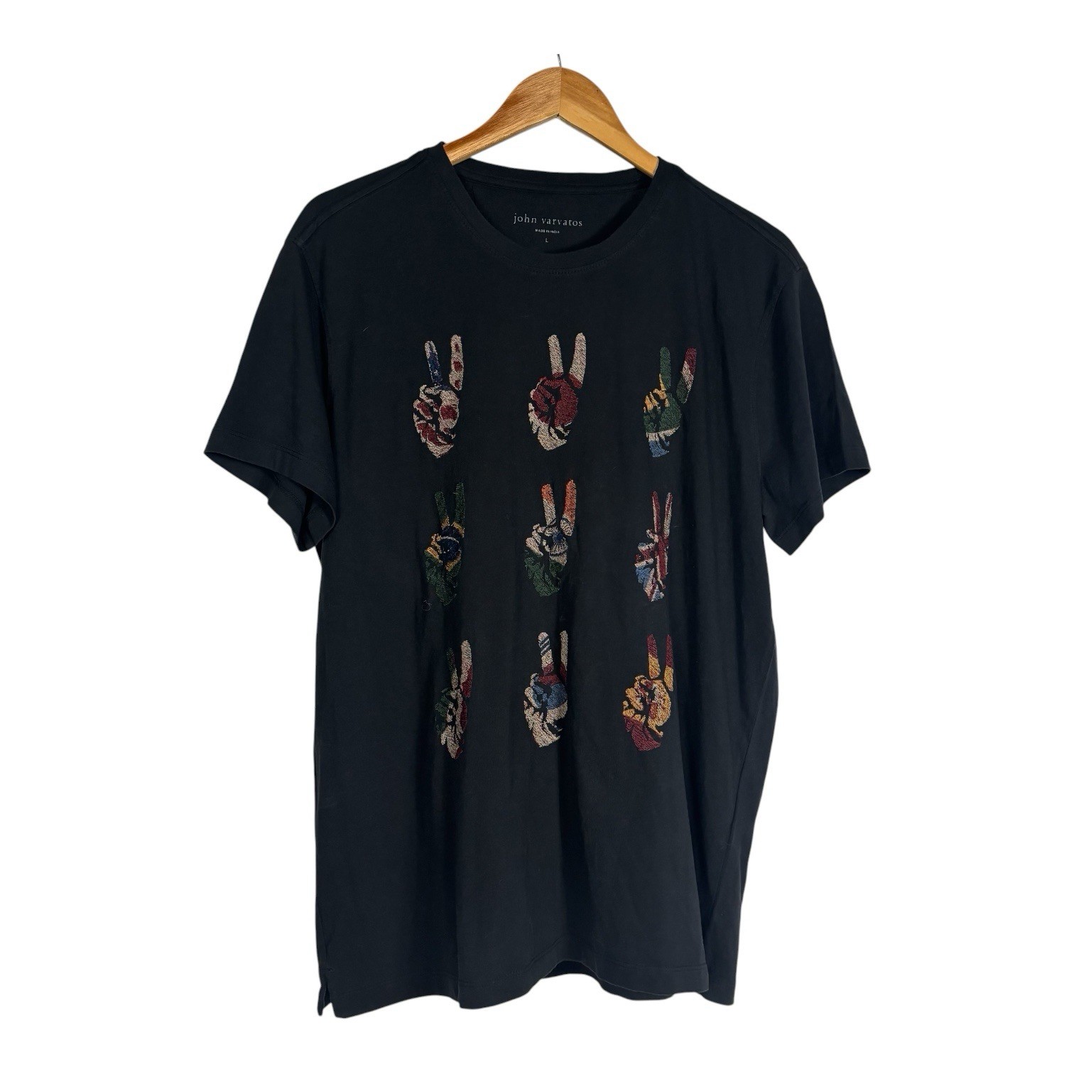 John Varvatos Crew Neck Tee Shirt Black Peace Sign Embroidered Graphic Men’s L
