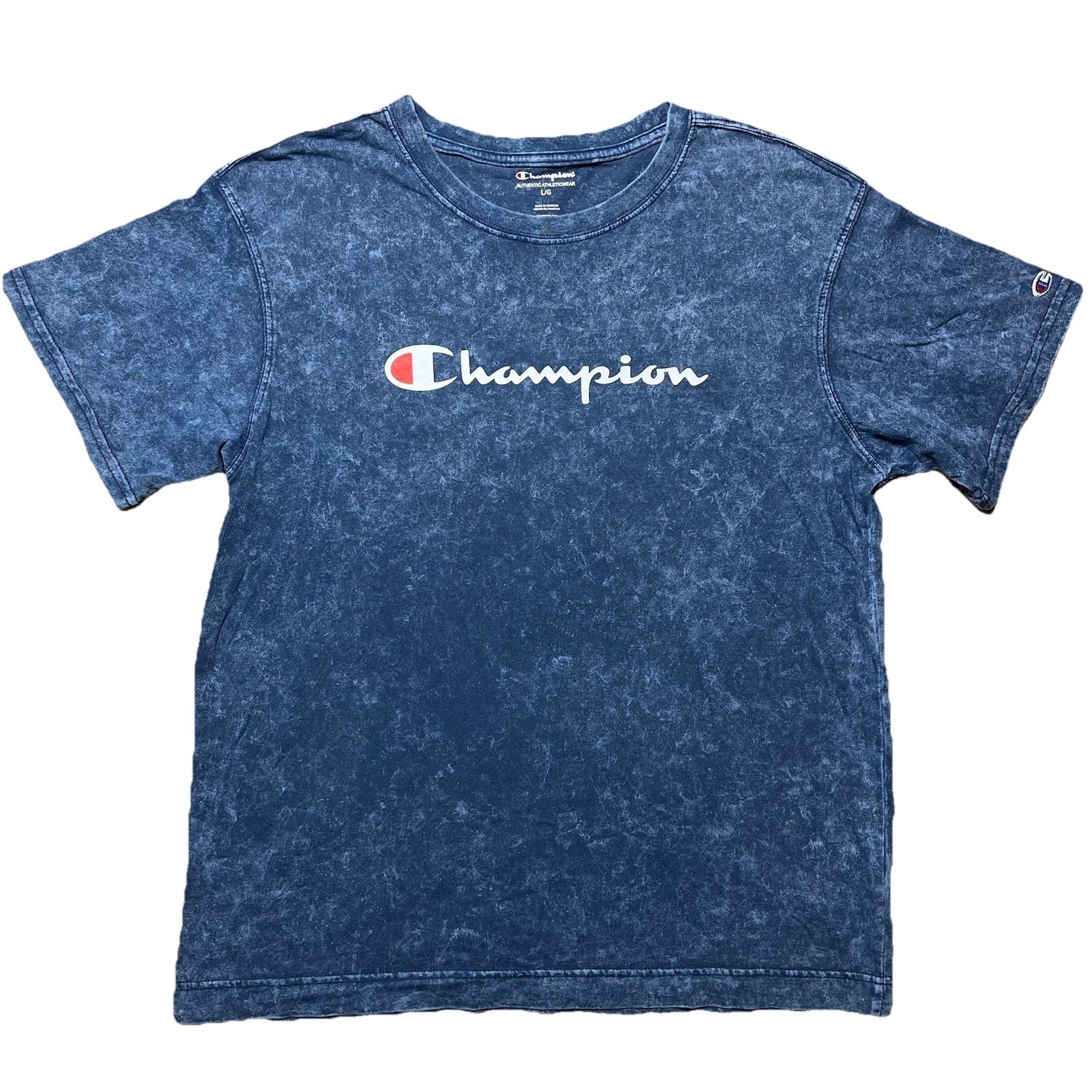 Champion Navy T Shirt Acid Wash Marbled Script Sleeve Logo Sportswear Mens L