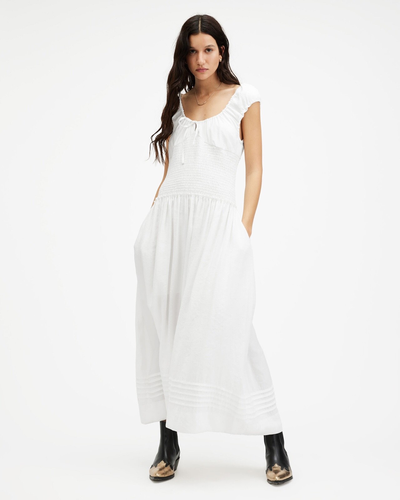 All Saints Eliza Maxi Dress Womens Designer Chalk White Scoop Neck Sleeveless