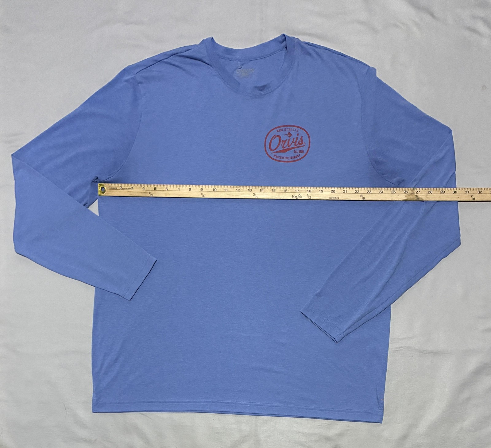Orvis Shirt Mens XL Blue Long Sleeve Manchester Vermont Logo Graphic Tee Tagless