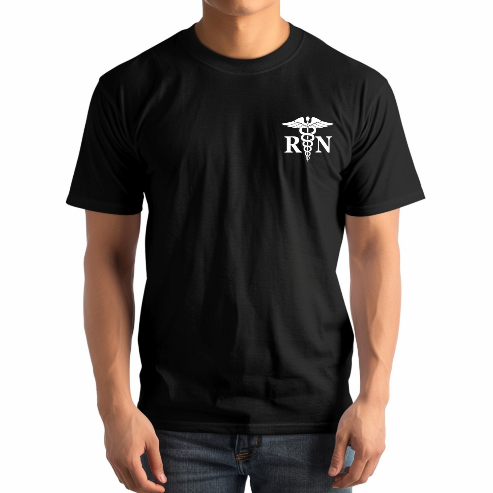 Men’s & Women’s Registered Nurse T-shirt, Left Front, RN Medical Caduceus Staff