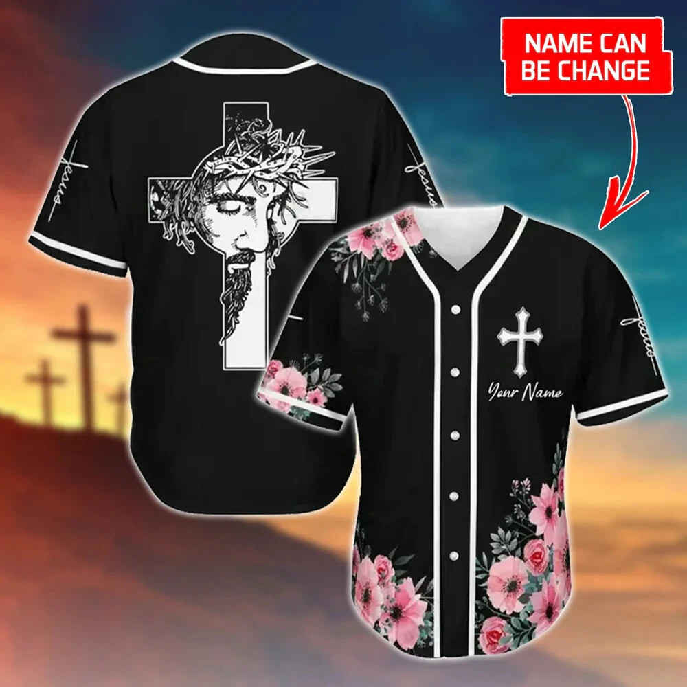 Cross, God, Flower, Faith Custom Christian Baseball Jersey AOP Full Size S-5XL