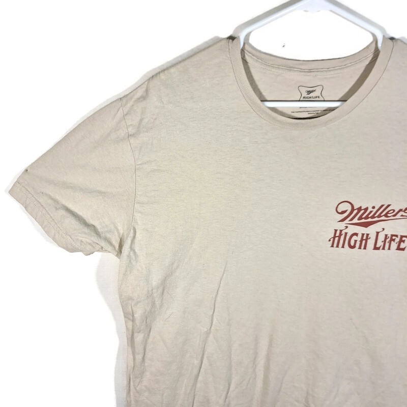 Miller High Life Beer Graphic Tshirt Mens L Short Sleeve Crew Neck Beige Cotton
