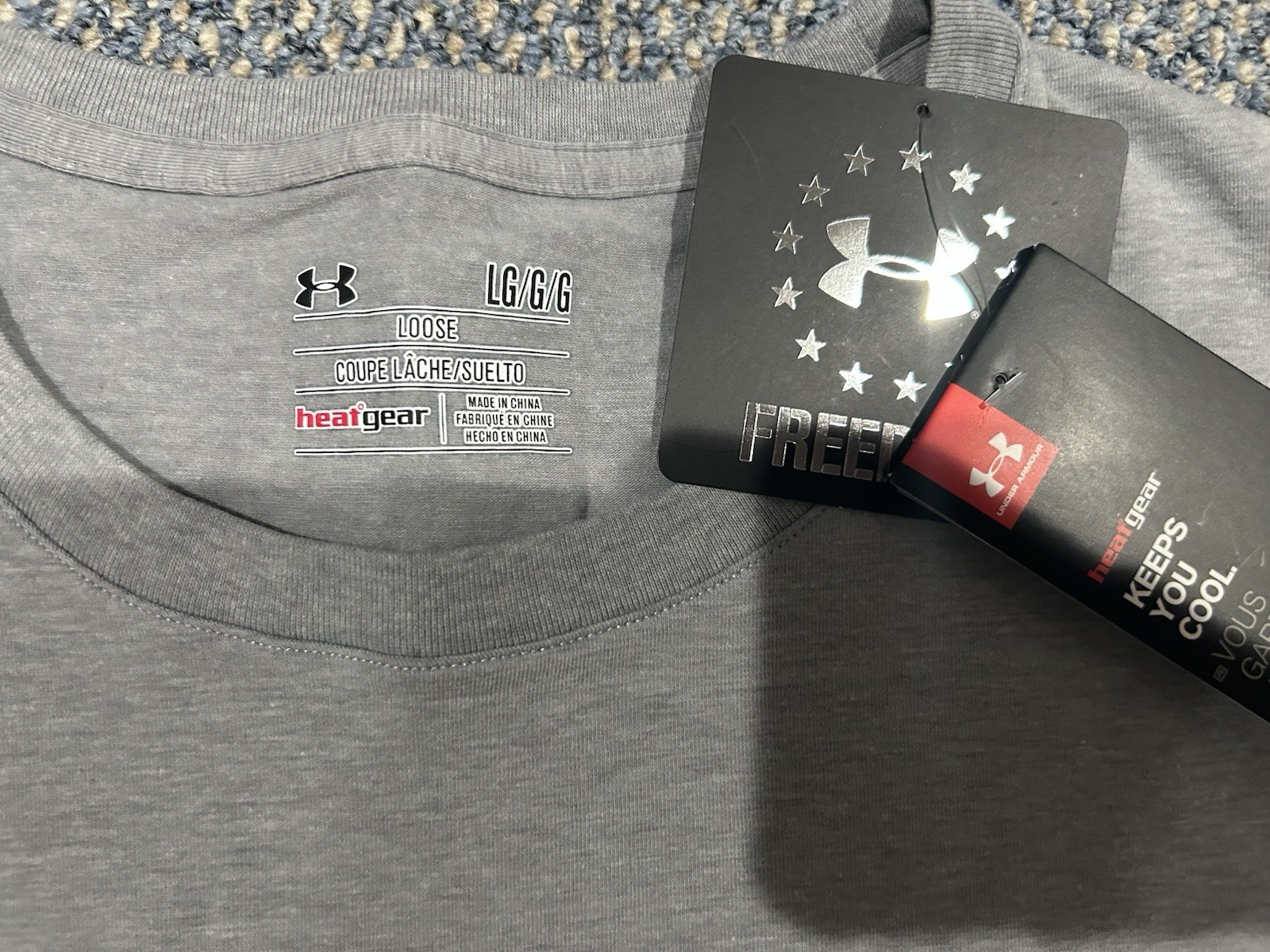 Under Armour Men’s Light Heather Gray Cotton Blend T-Shirt Freedom Flag Design