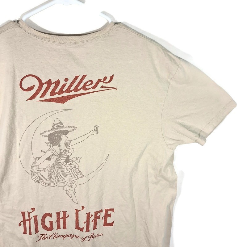Miller High Life Beer Graphic Tshirt Mens L Short Sleeve Crew Neck Beige Cotton