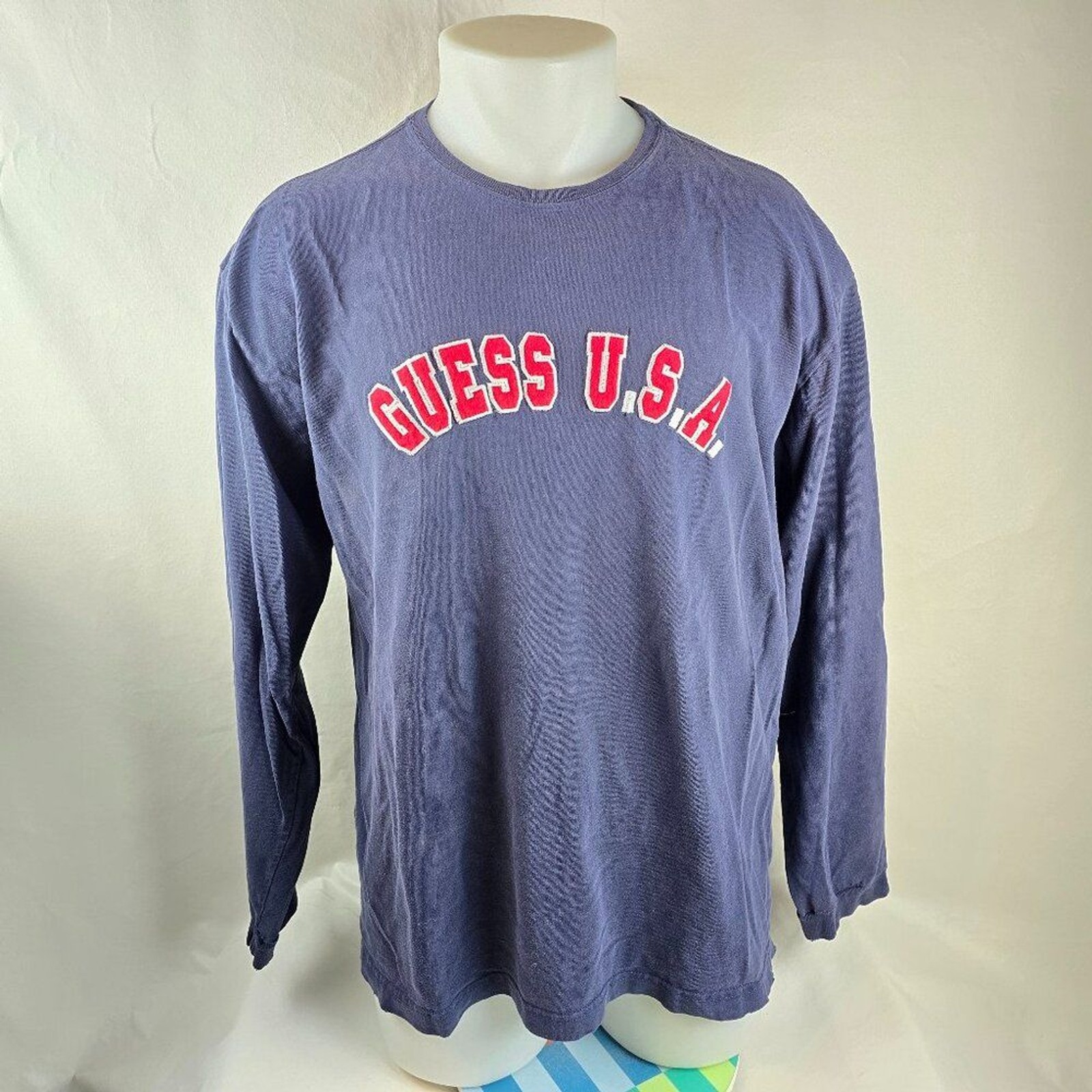 Vintage Guess Jeans T Shirt Mens XL Blue Embroidered Made in USA Long Sleeve