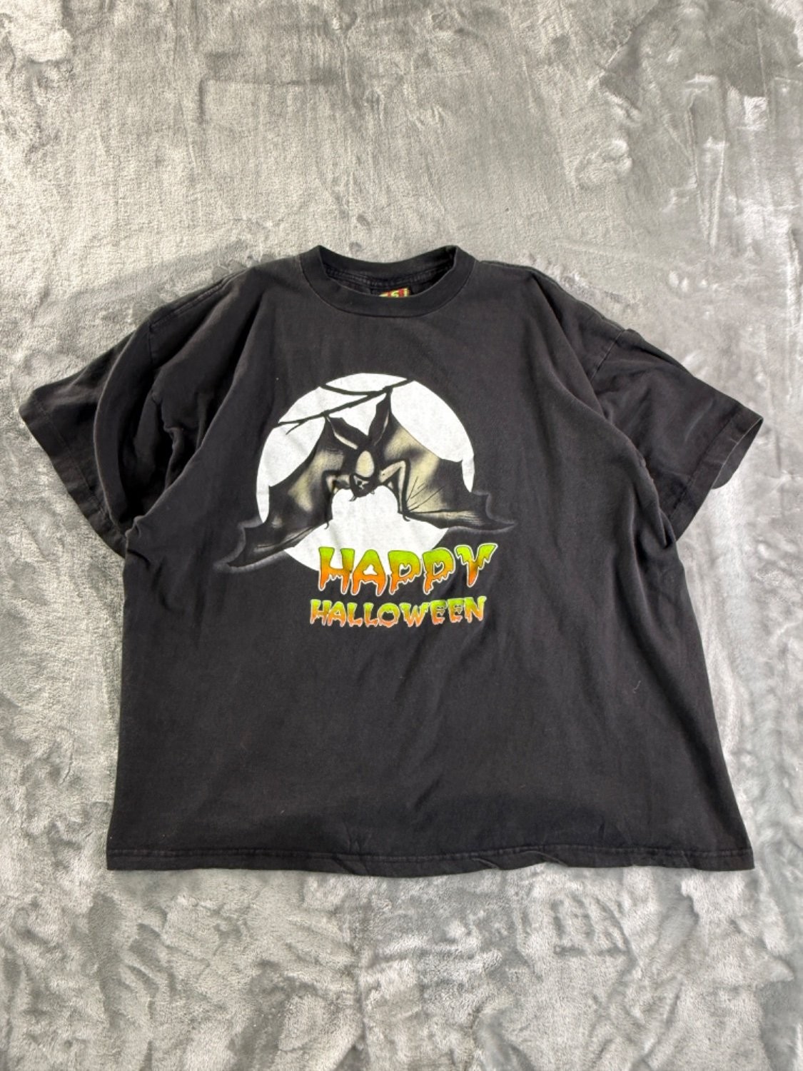 Vintage TSI Happy Halloween Bat Moon Graphic T-Shirt XL Black 90s USA Made