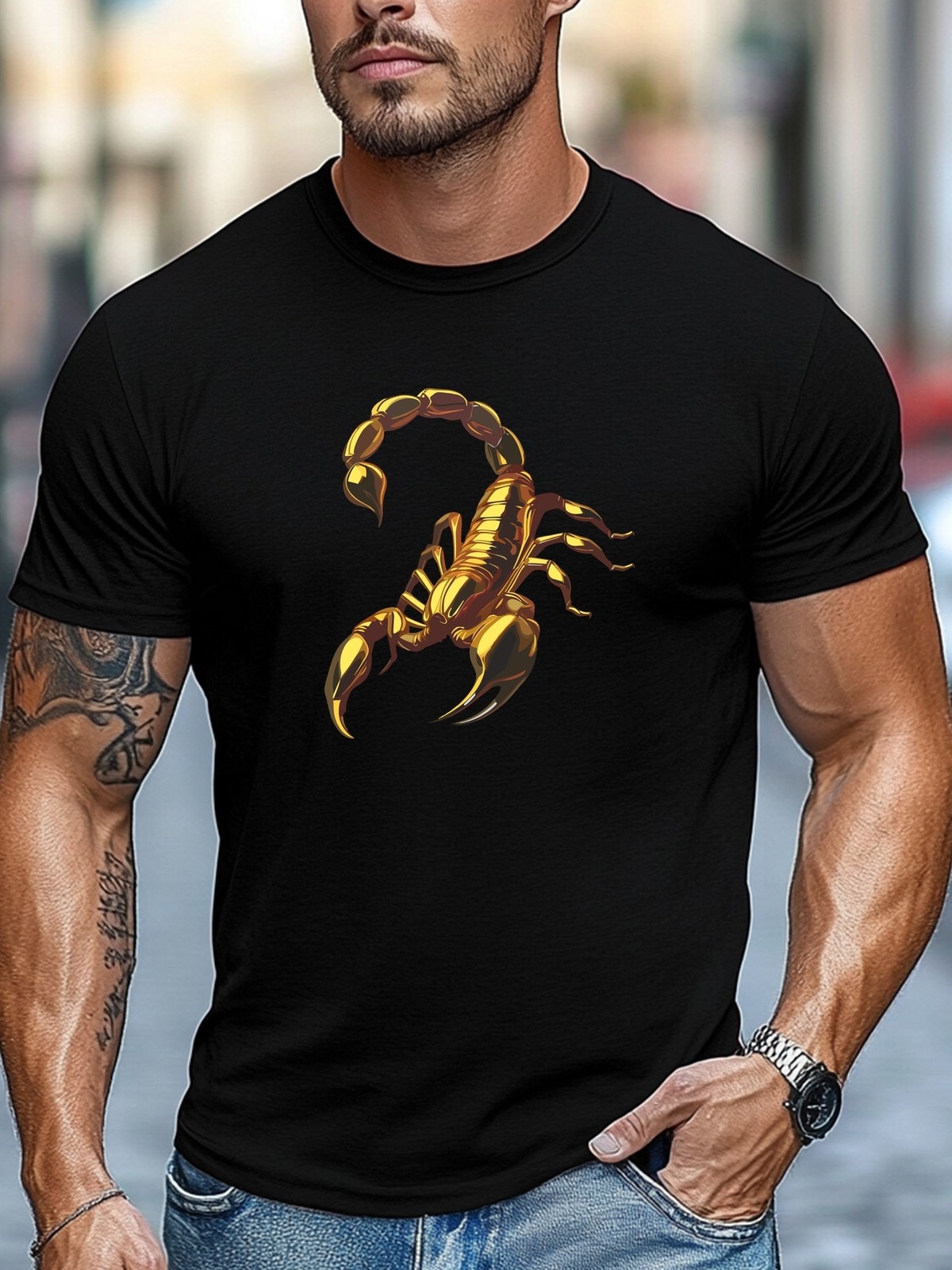 Men’S Golden Scorpion Pattern Summer Casual Round Neck Short Sleeve T-Shirt, P