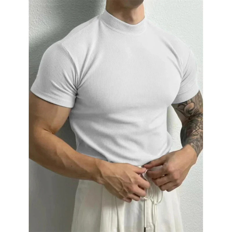 Men T Shirt Stripe Print Short Sleeve Elastic Fit High Collar Sport Gym Training