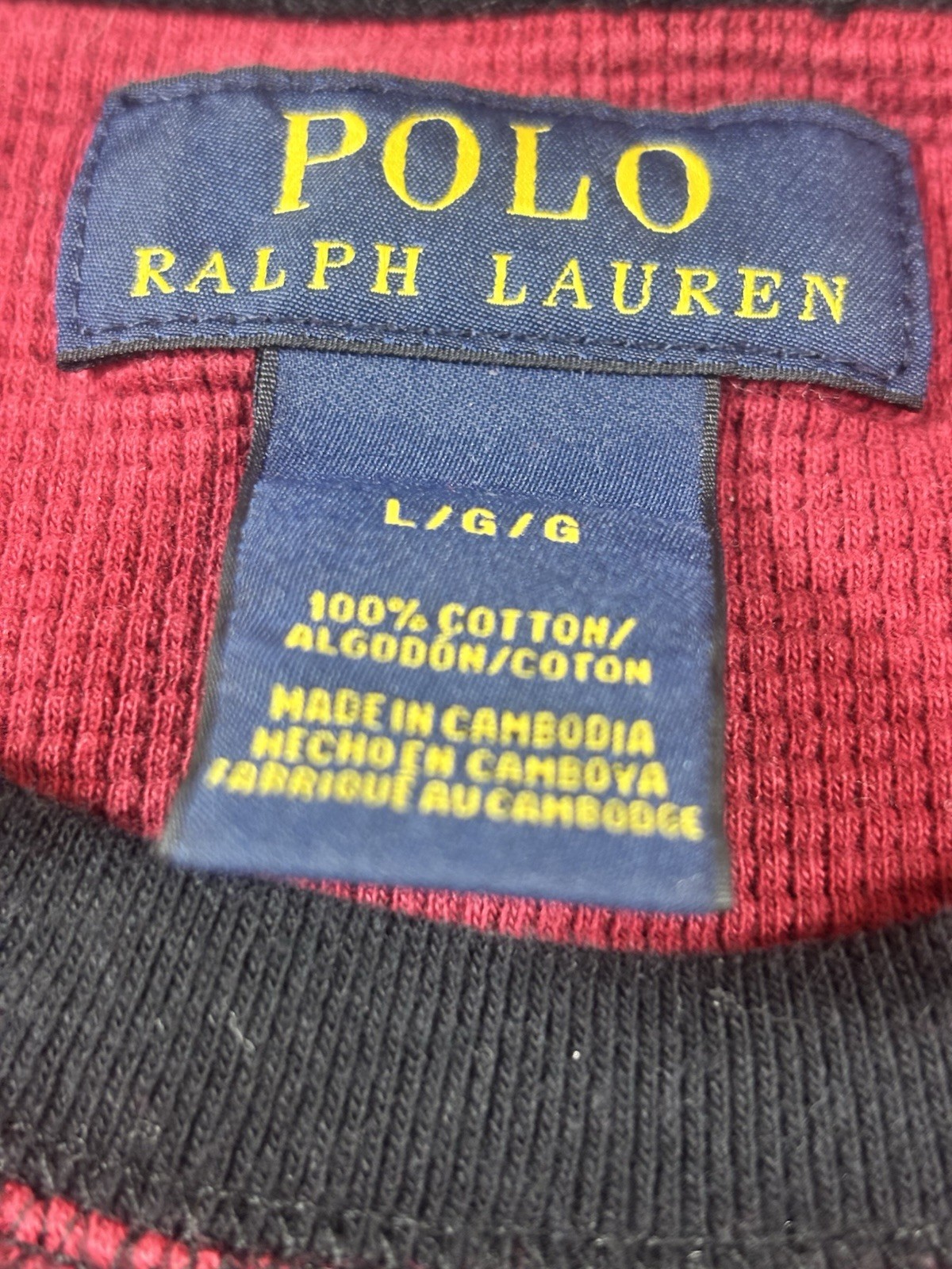 Polo Ralph Lauren Shirt Men’s Large Red Plaid Waffle Knit Long/SL Thermal Logo
