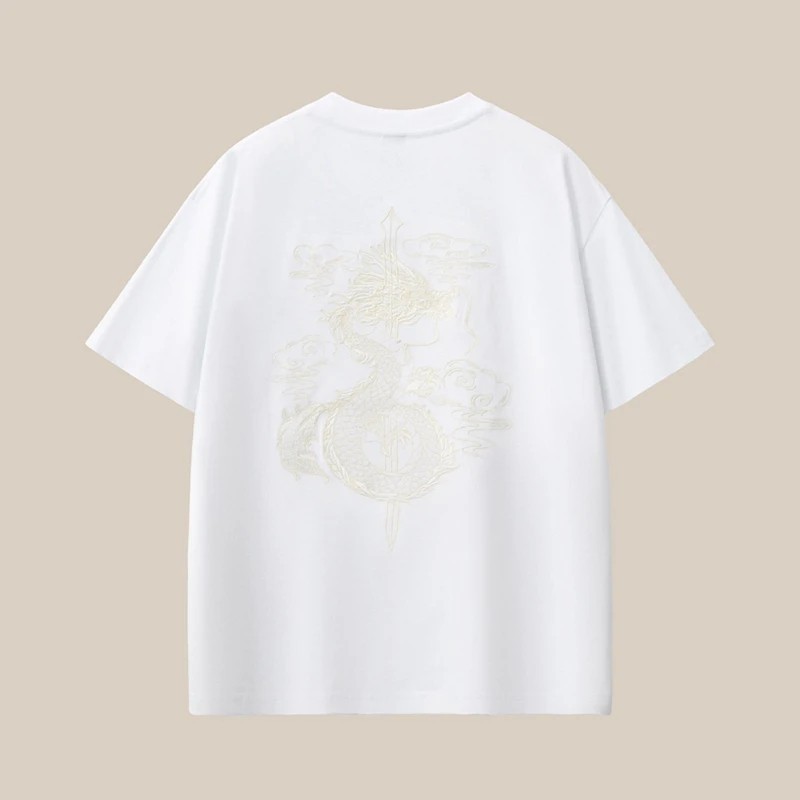 Men’s Dragon Sword Embroidered Cotton Short Sleeve T-Shirt Loose Casual Tee