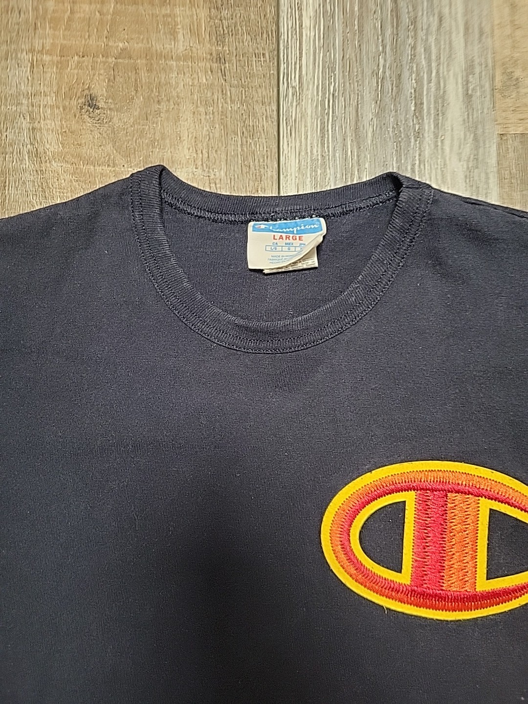 Vintage Champion Big C Logo Embroidered T Shirt Mens L Navy Blue Sportswear