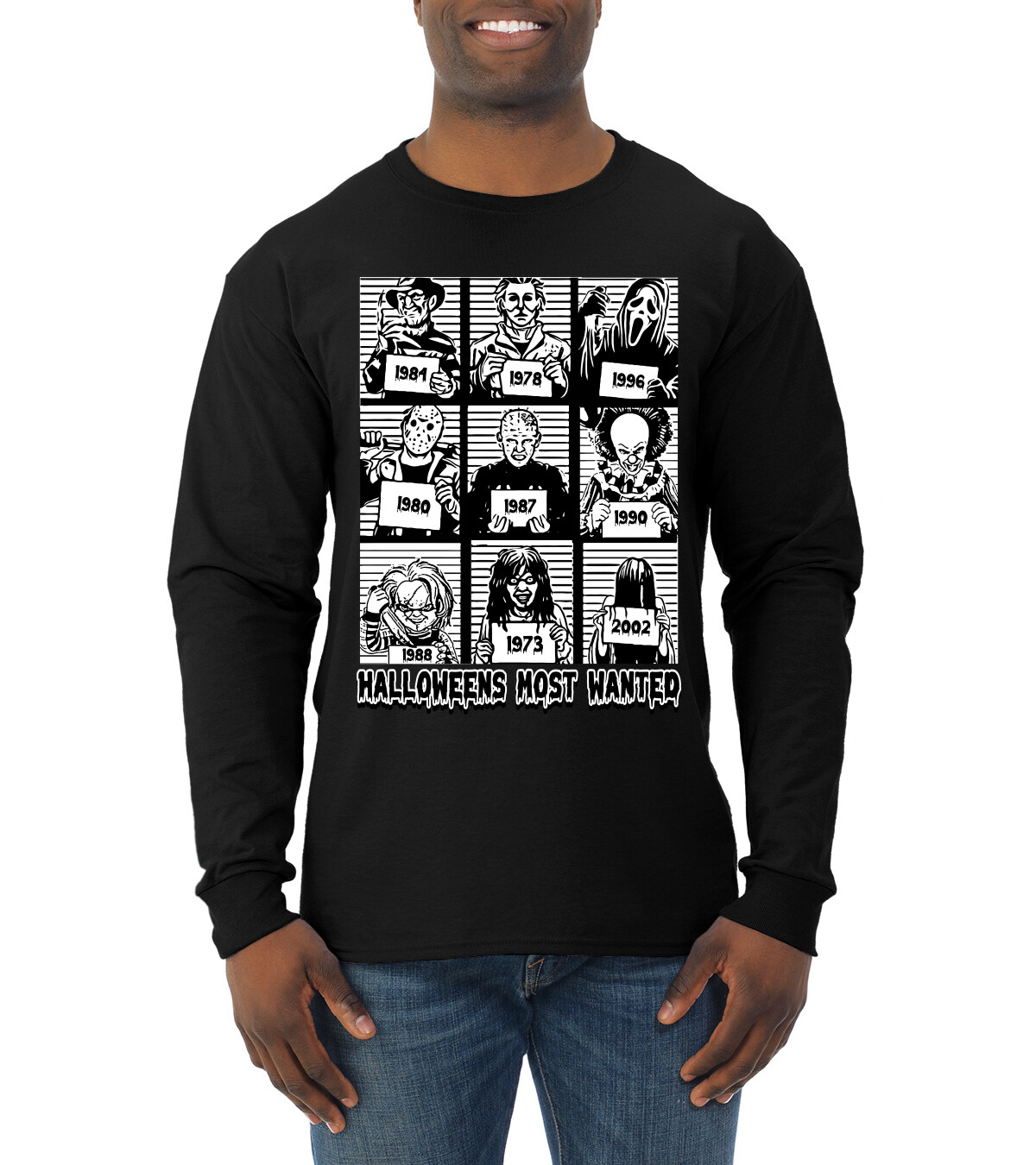 Most Wanted Poster Character MugshotBlack and White Men Long Sleeve Shirt