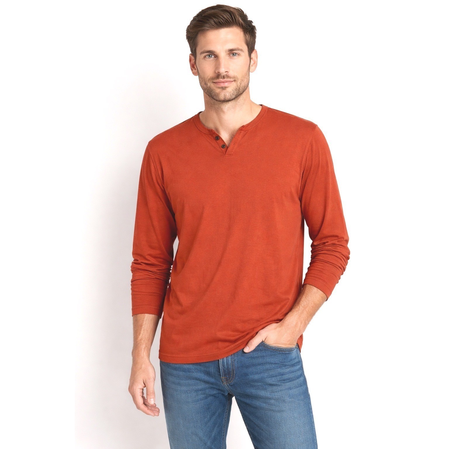 True Craft Mens Lived-In Tee Burnt Orange Long Sleeve Henley Shirt L 99-36