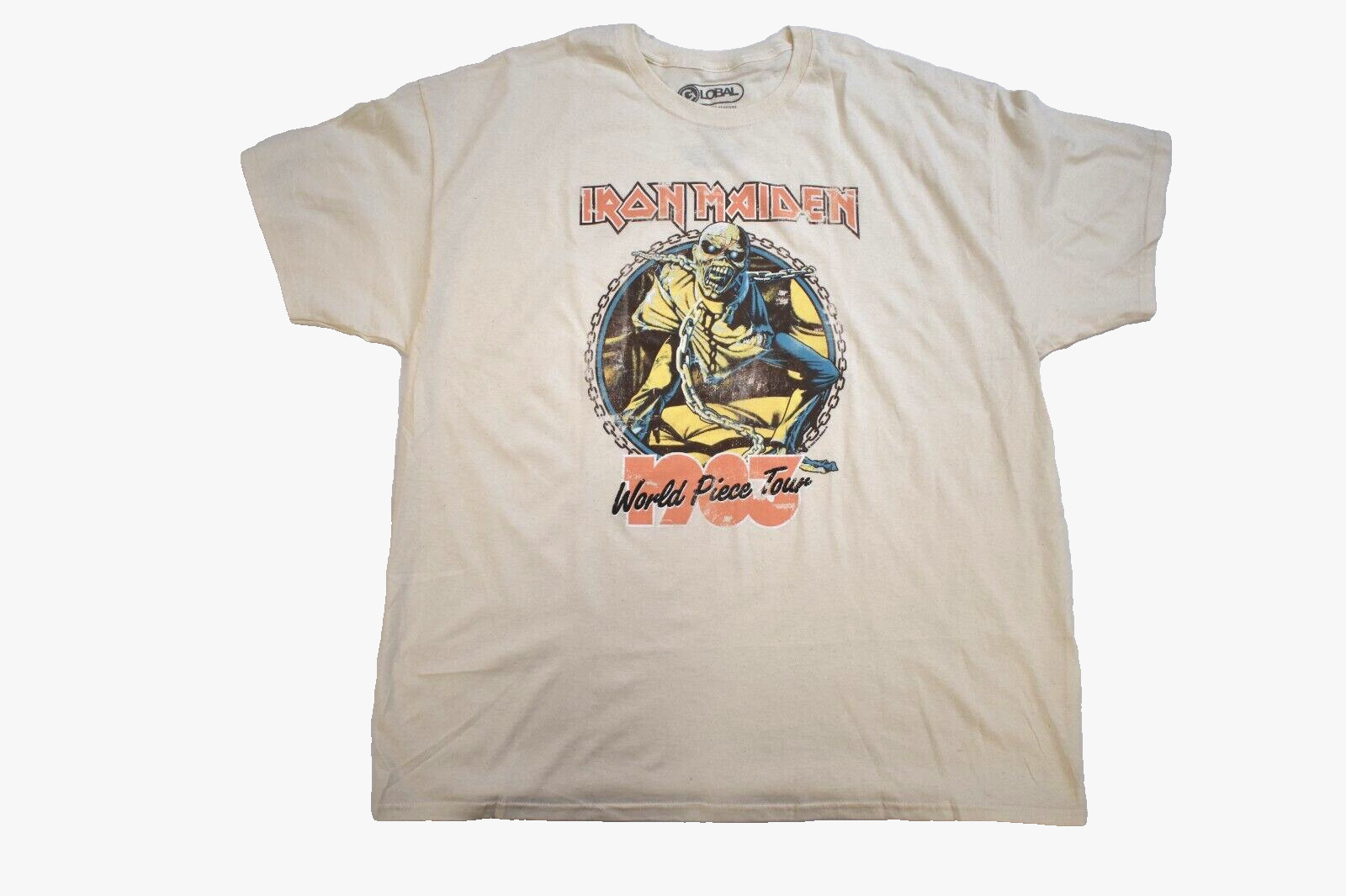 Global Mens Iron Maiden World Piece Tour Retro Graphic Cream Shirt NWT Large