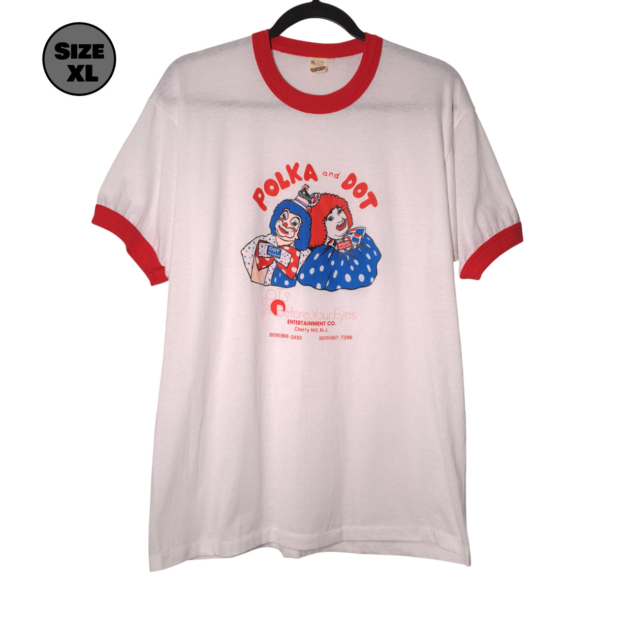 VINTAGE POLKA and DOT Clowns USED Ringer Shirt (XL, Single Stitch, New Jersey)