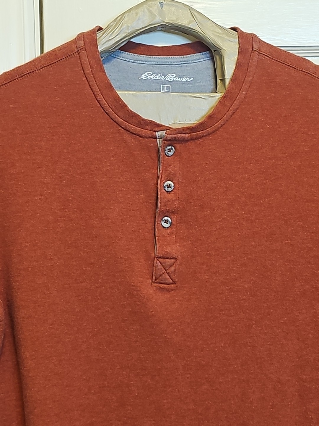 Eddie Bauer Mens Large Henley orange Ultrasoft long Sleeve pull on