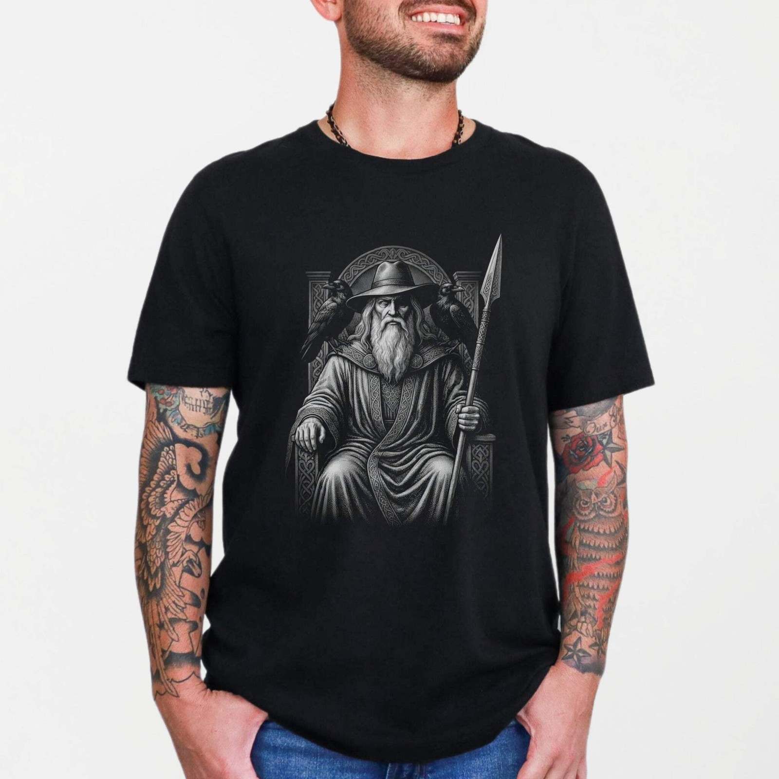 Odin Norse God T-Shirt with Ravens & Spear | Viking Mythology Tee Shirt