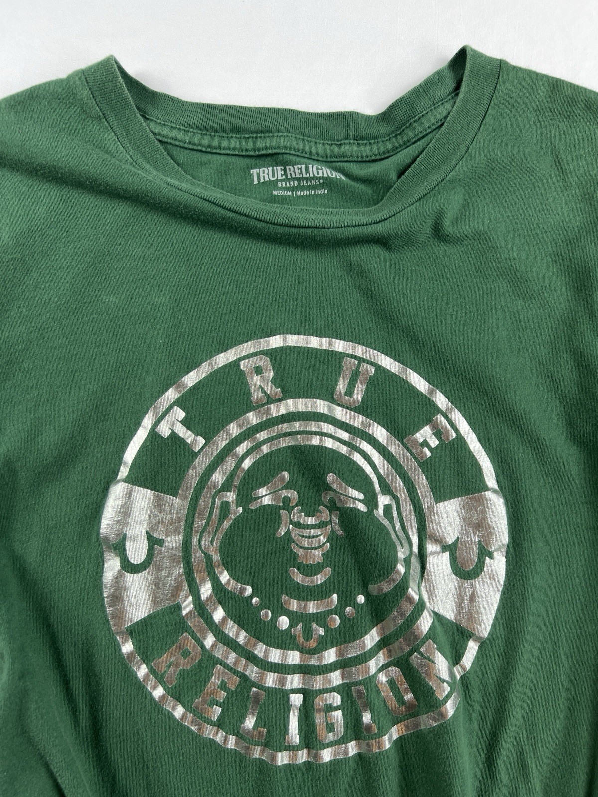 True Religion Foil Silver Green Buddha Crew Neck T-Shirt Y2K 2000 Size Medium