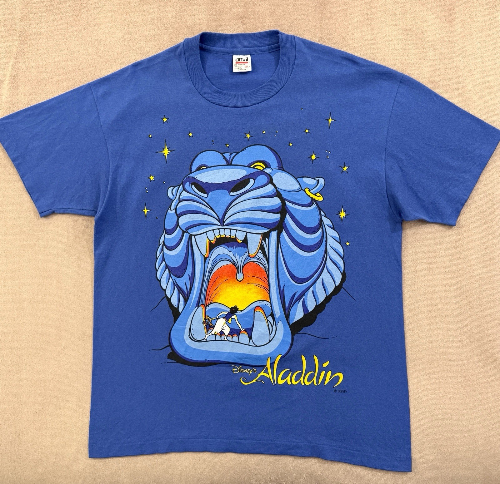 Size XL Vintage 90s Disney’s Aladdin Cave Of Wonders T Shirt Blue Single Stitch